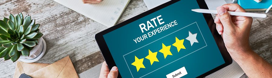 Rate customer experience review. Service and Customer satisfaction. Five Stars rating.